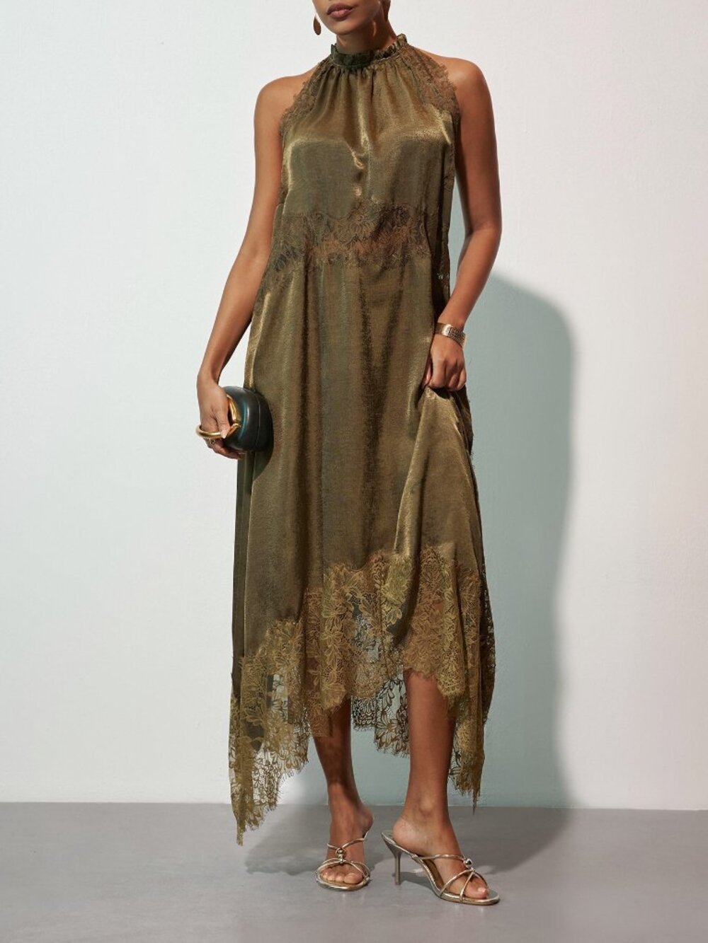Dark Green Elegant Women's Lace Patchwork Split Hem Dress - Picture 6 of 8